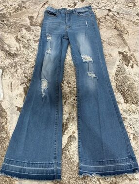 Almost Famous Size 5 Distressed Flared Blue Jeans